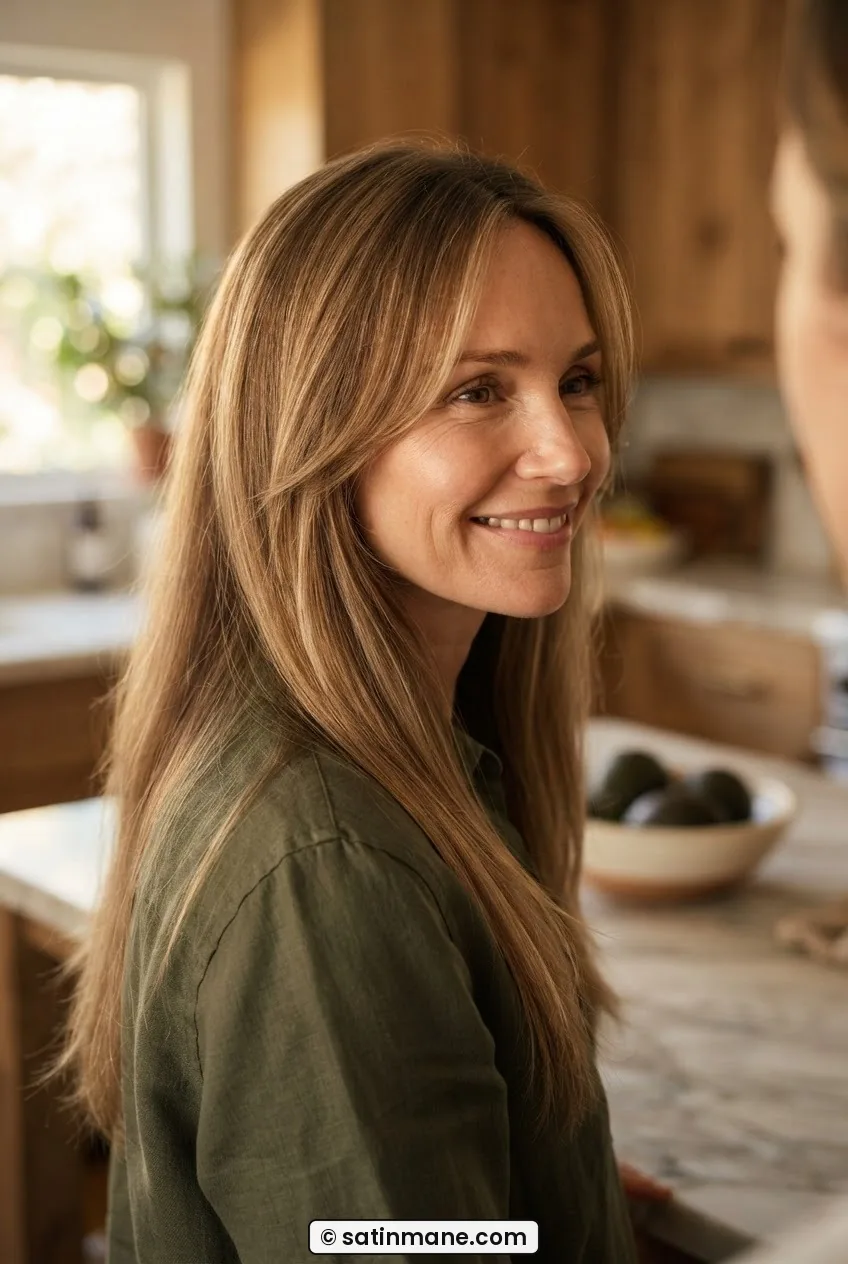Woman with fine long hair and face-framing pieces at cheekbone level turned slightly in warm afternoon light