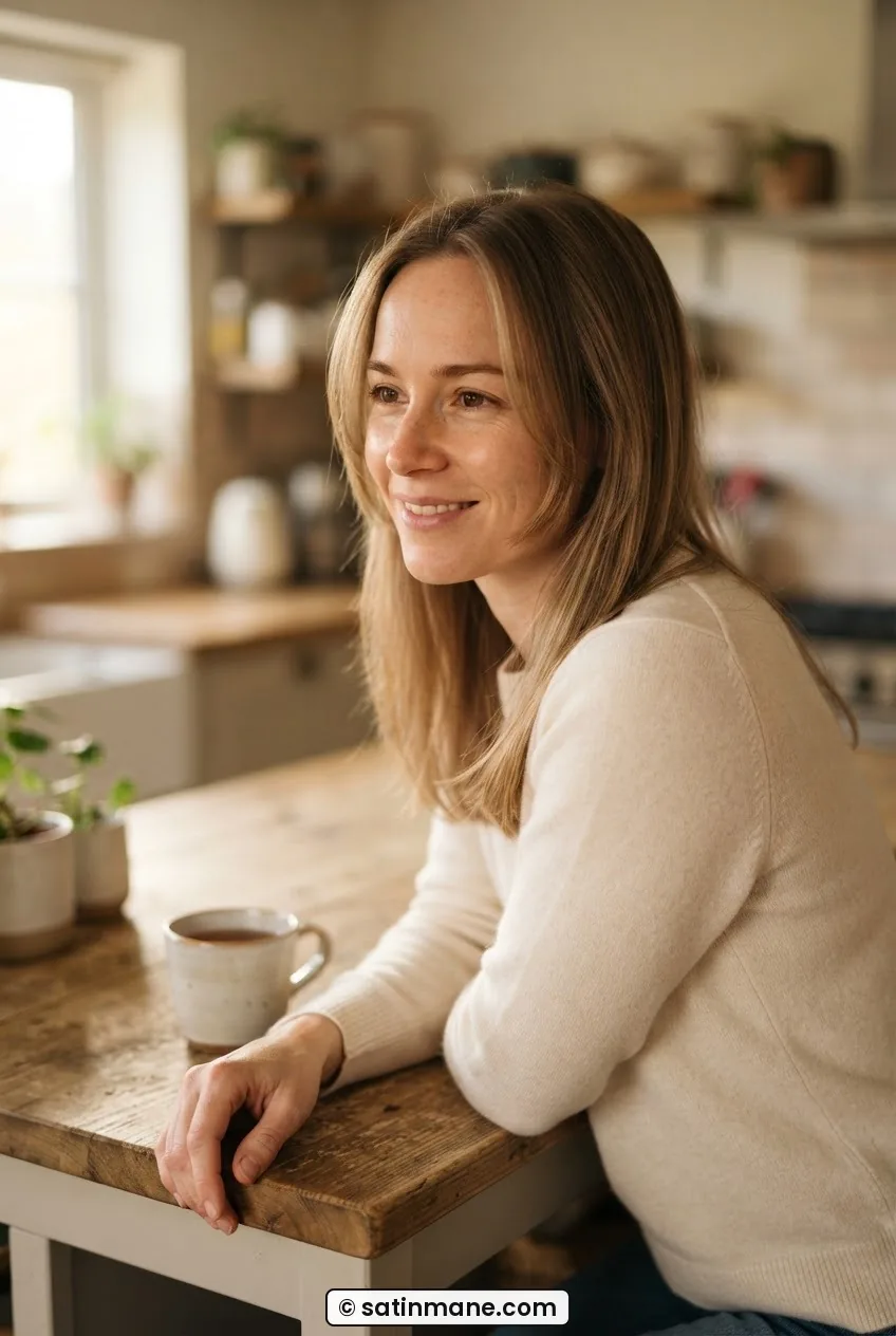 Woman with fine hair showing face-framing pieces sitting just below the cheekbone in warm morning daylight