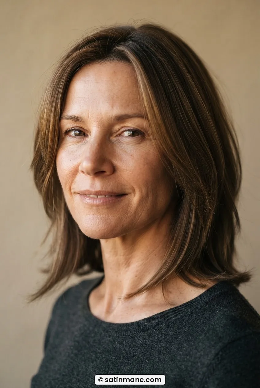 Face-framing hair pieces falling diagonally past the jawline on a woman with a defined jaw against putty backdrop