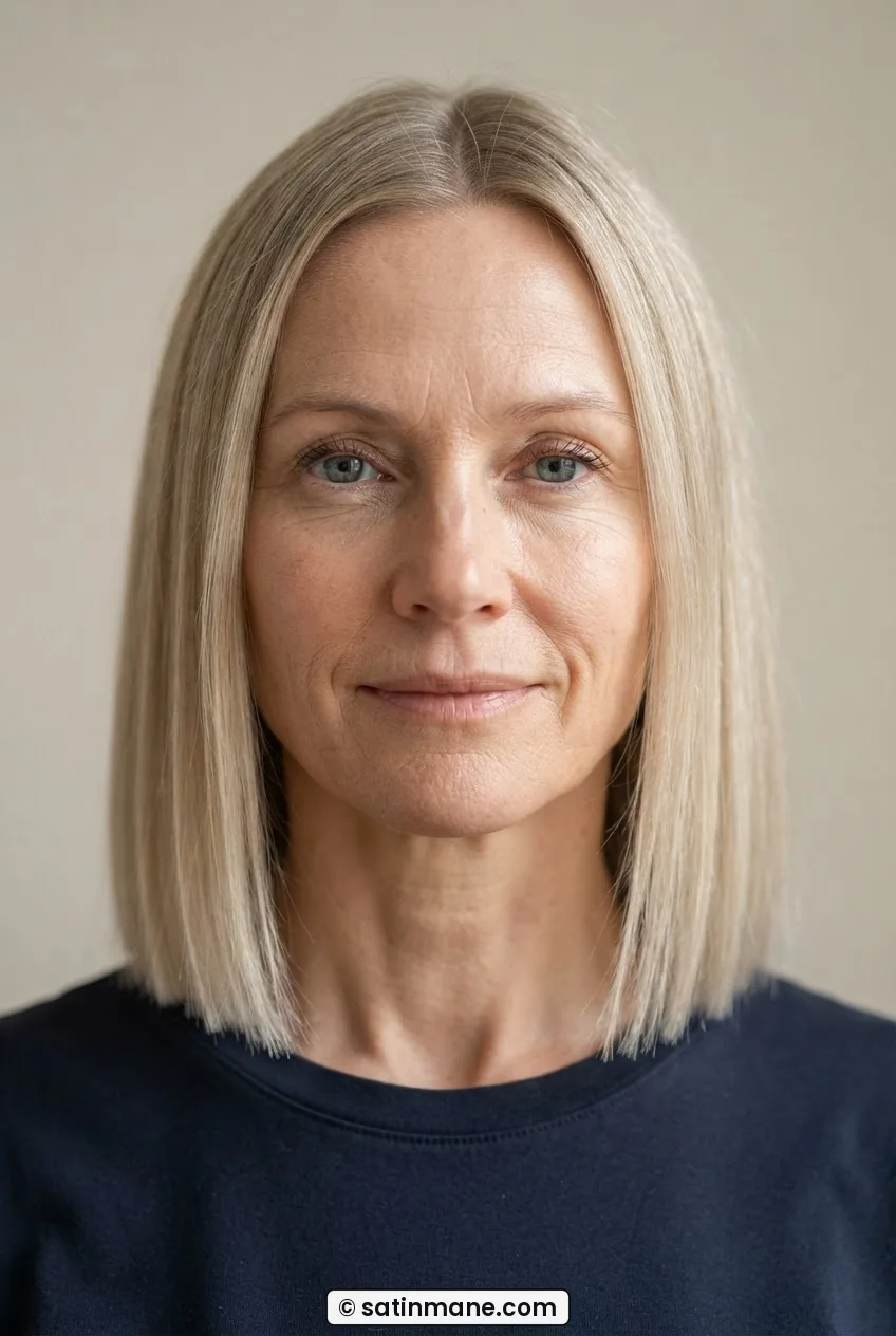 Woman with fine straight blonde hair in a blunt collarbone-length cut shown face-on in flat daylight