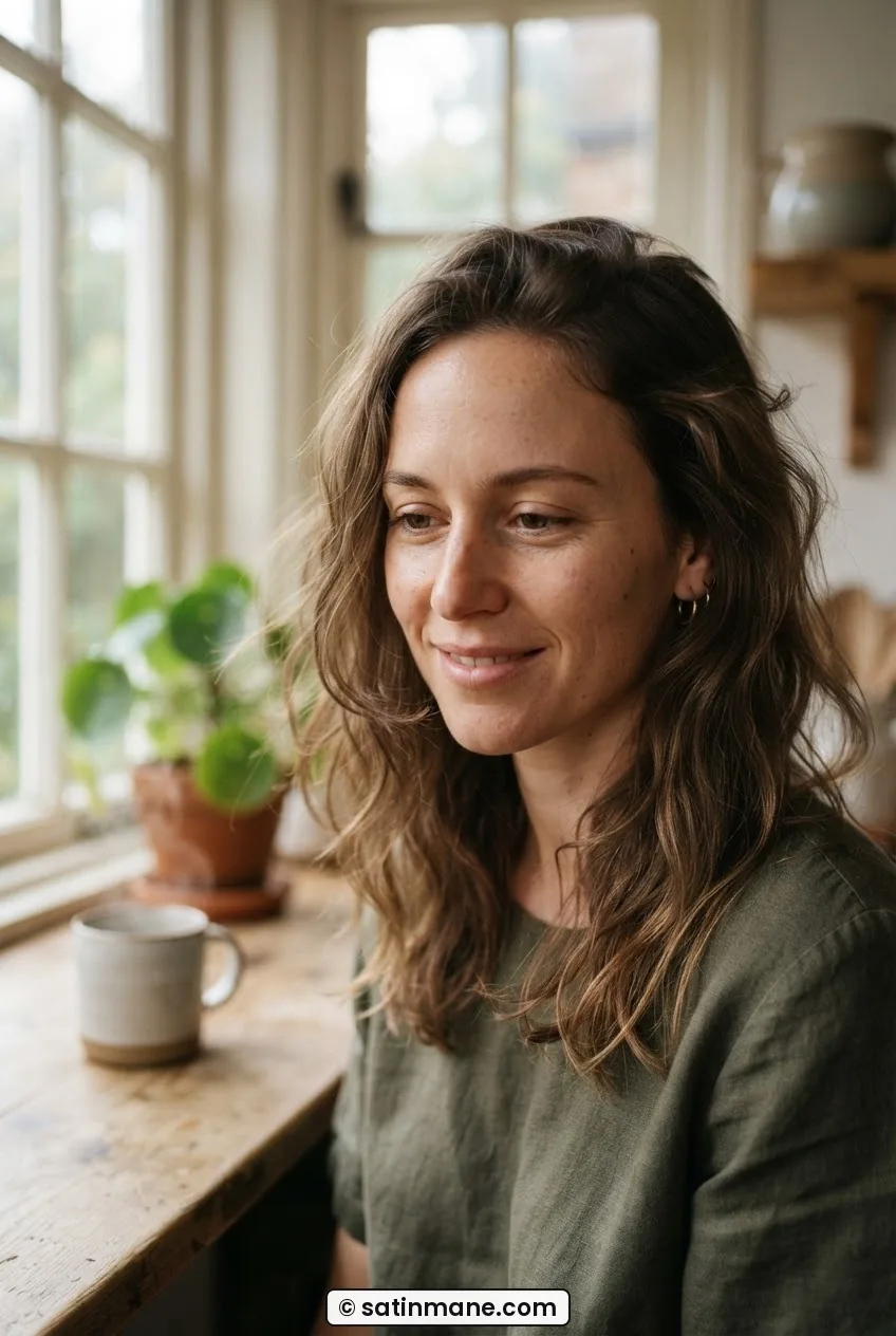 Woman with fine layered hair air-drying naturally near a softly lit kitchen window in relaxed pose