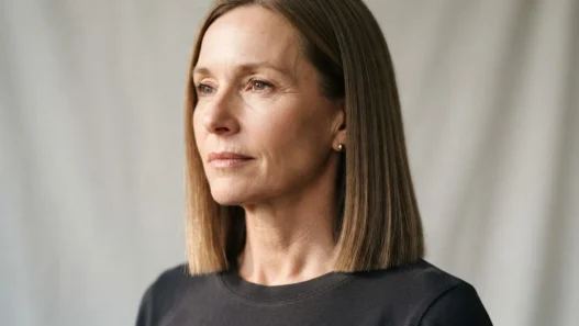 Woman with fine straight hair in a blunt collarbone-length bob, side lit to show clean weight line at ends