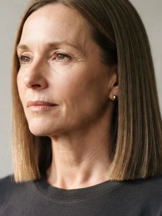 Woman with fine straight hair in a blunt collarbone-length bob, side lit to show clean weight line at ends