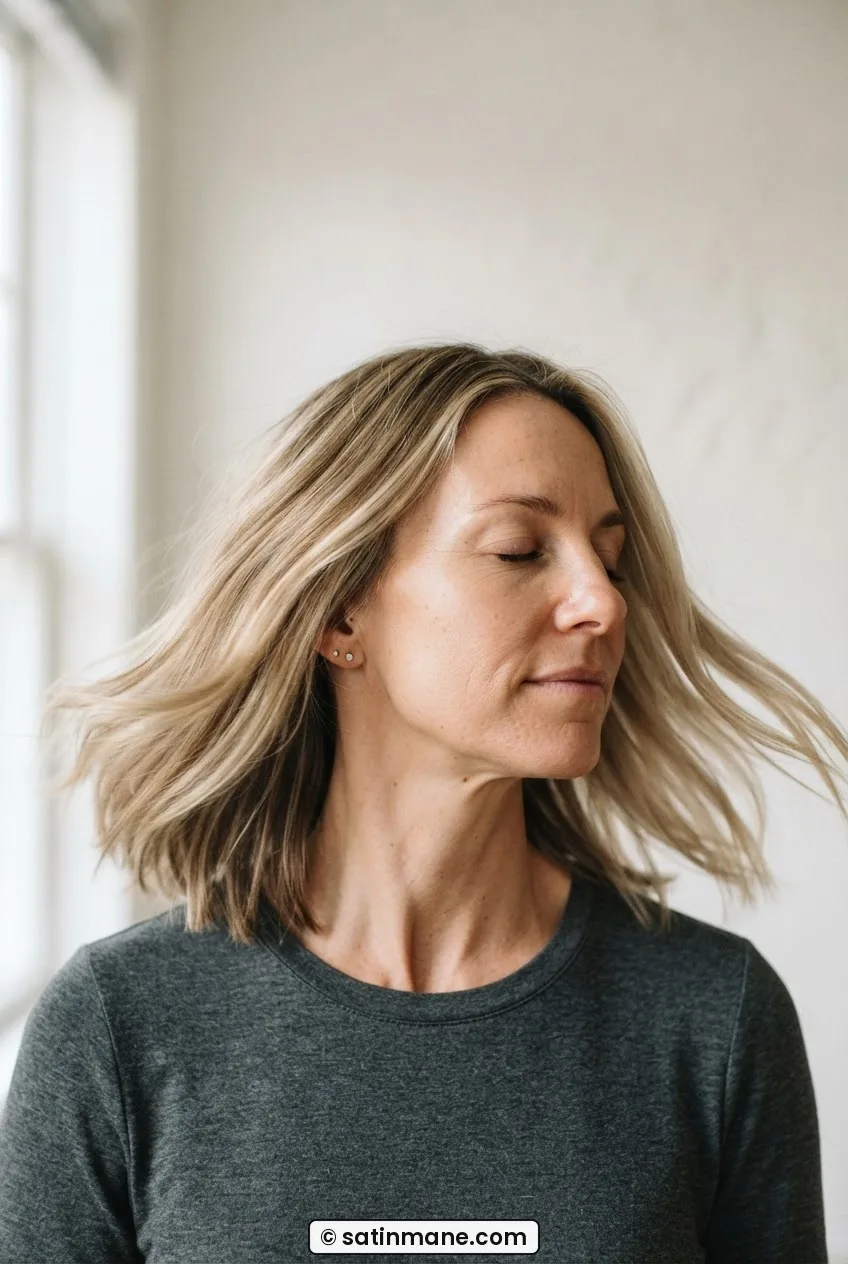 Woman with fine straight hair shaking collarbone-length lob into place in bright room with plain wall