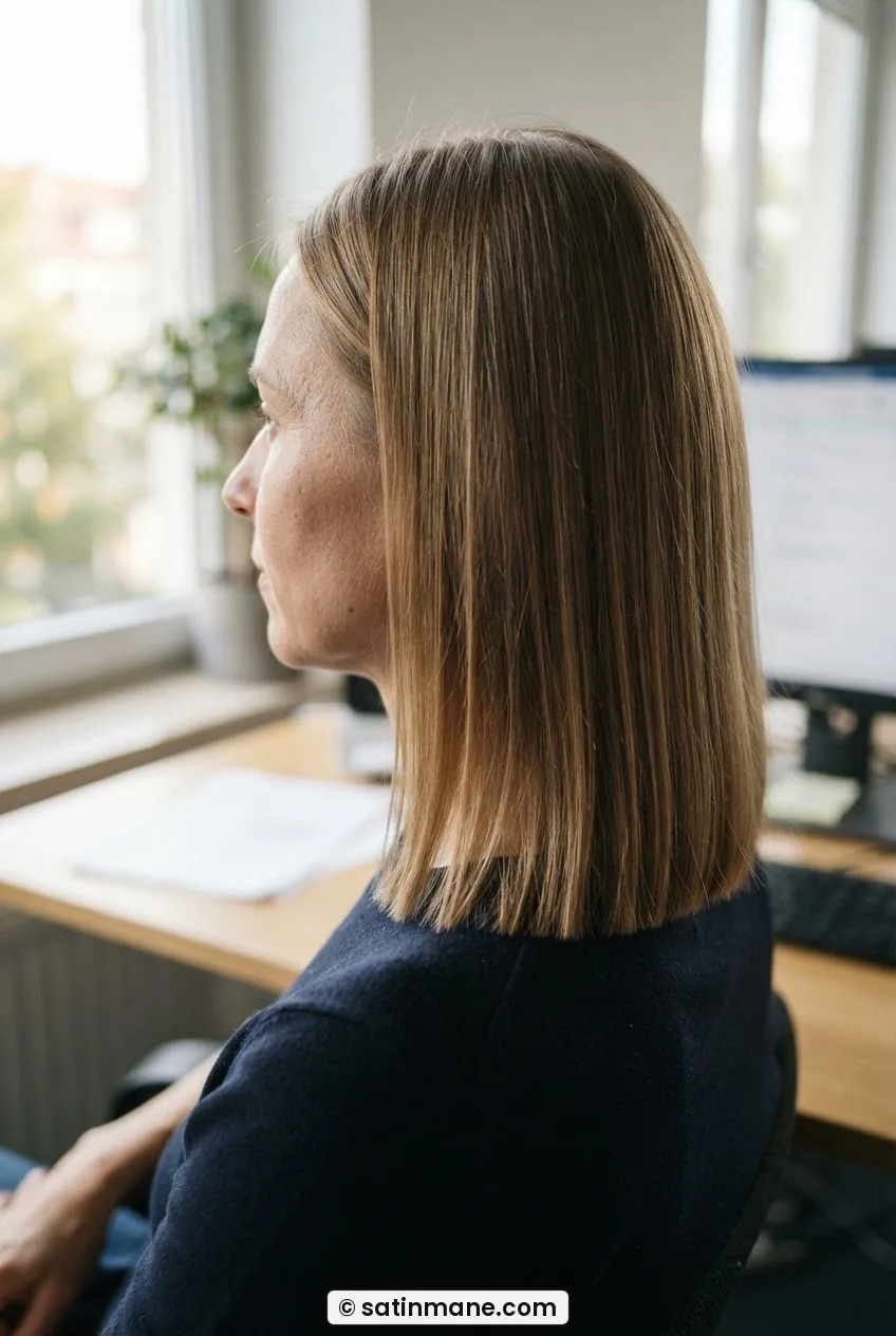 Rear and side view of fine straight hair with blunt even ends sitting at collarbone showing defined perimeter line
