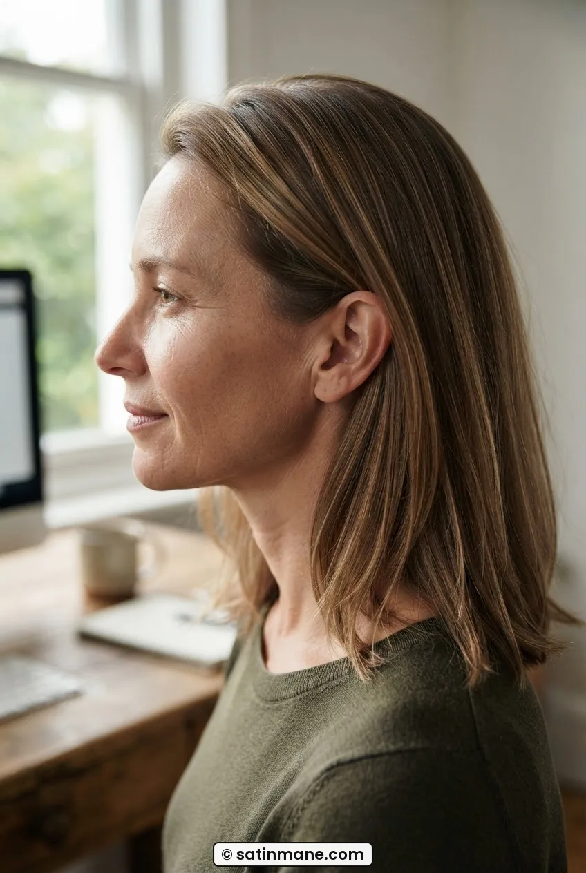 Three-quarter profile of woman with fine collarbone-length hair with dimensional highlights catching soft window light