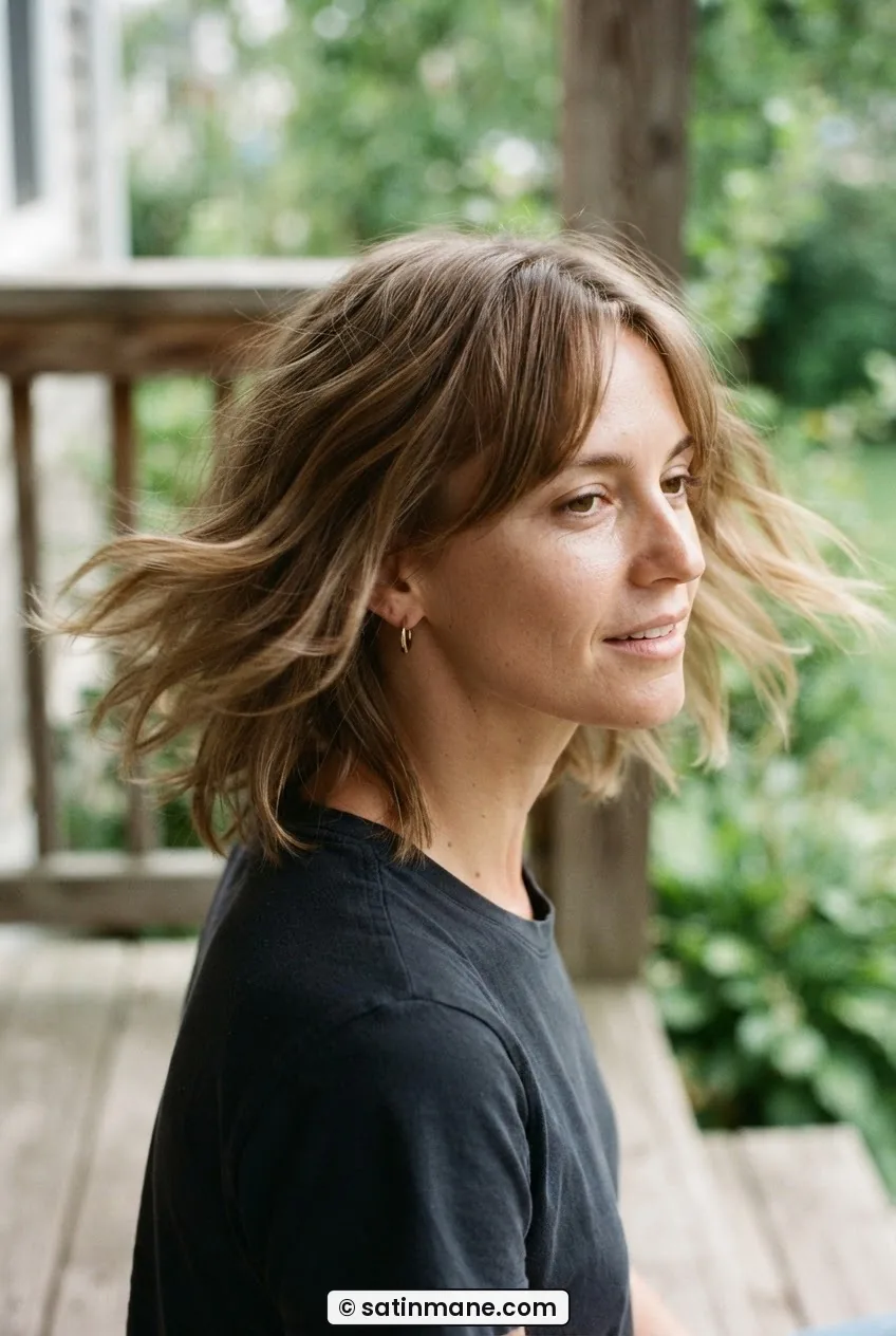 Woman with fine hair in subtle late-nineties light shag showing gentle face-framing layer movement