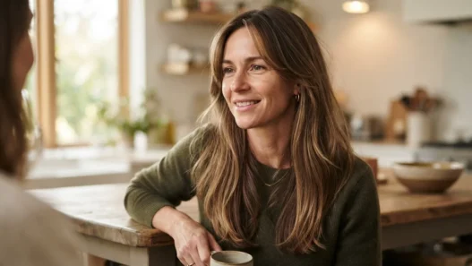 Woman with fine long layered hair and face-framing pieces leaning on a kitchen island in warm daylight