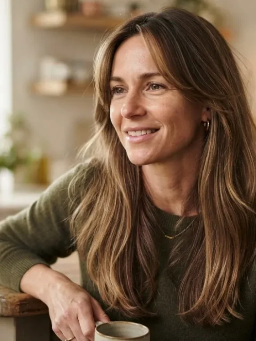 Woman with fine long layered hair and face-framing pieces leaning on a kitchen island in warm daylight