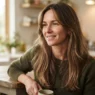 Woman with fine long layered hair and face-framing pieces leaning on a kitchen island in warm daylight