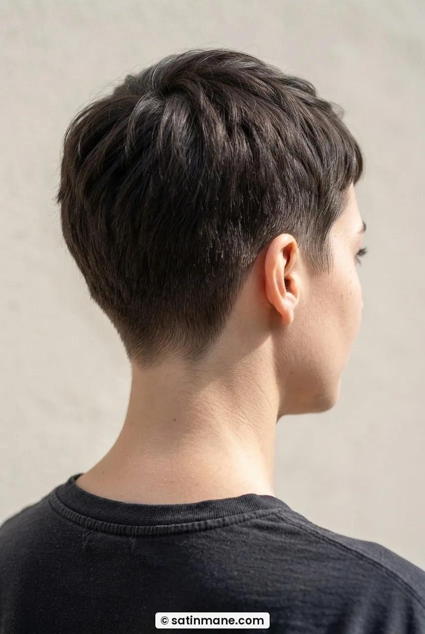 Close three-quarter back view of tapered pixie on fine hair showing precise nape taper skin-to-hair contrast