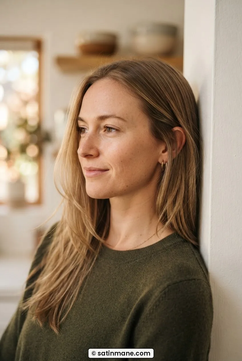 Woman with fine straight hair showing gentle long layers falling over one shoulder near a white kitchen wall