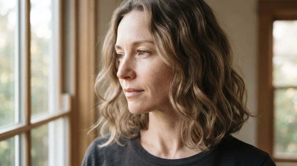 Woman with air-dried fine wavy collarbone-length hair beside a tall window with soft natural daylight across the hair surface