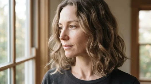 Woman with air-dried fine wavy collarbone-length hair beside a tall window with soft natural daylight across the hair surface