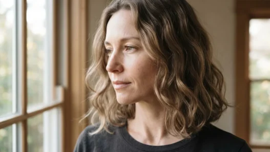 Woman with air-dried fine wavy collarbone-length hair beside a tall window with soft natural daylight across the hair surface