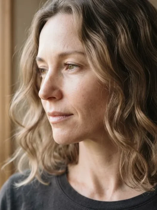 Woman with air-dried fine wavy collarbone-length hair beside a tall window with soft natural daylight across the hair surface