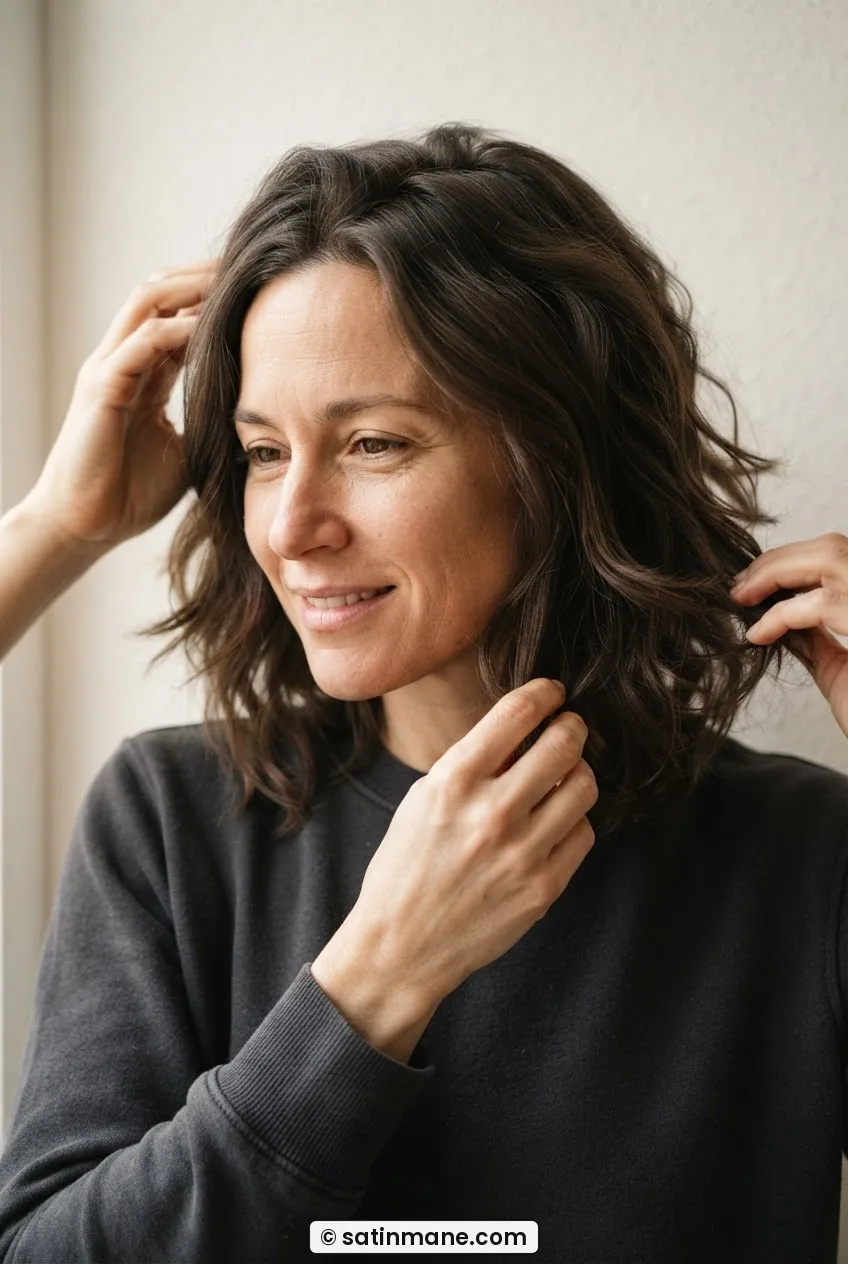 Woman with finished air-dried medium layered cut looking relaxed and unhurried in morning light