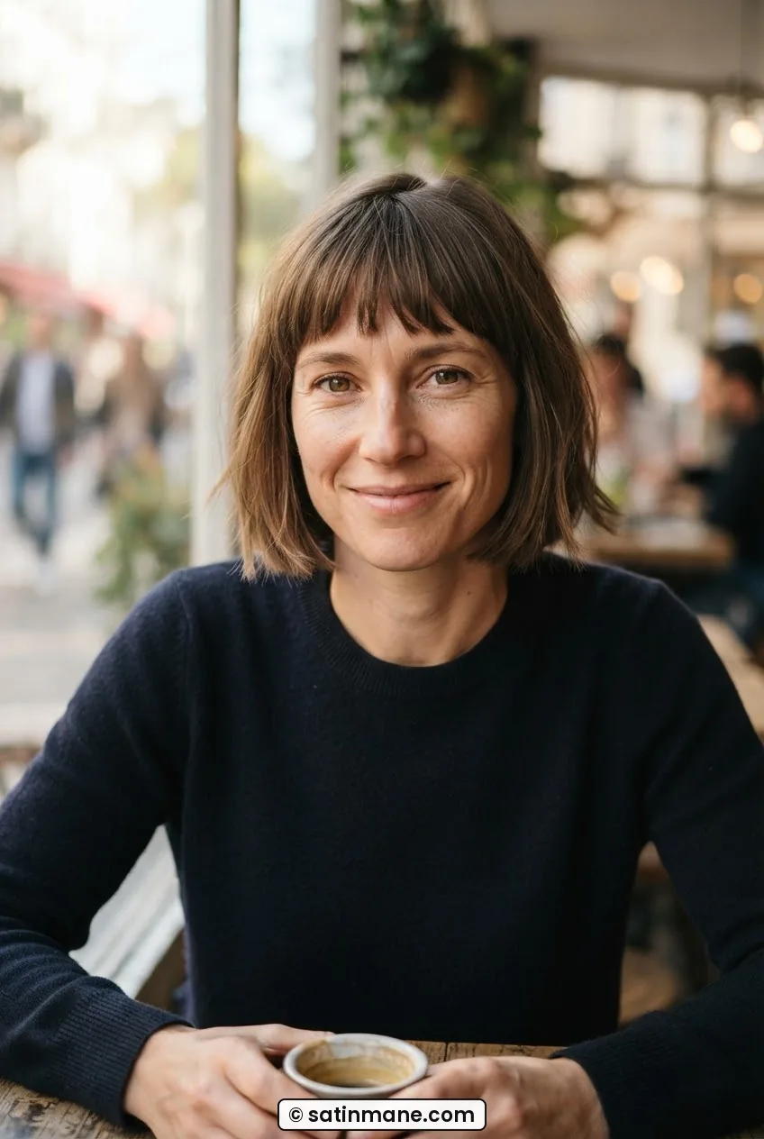 Woman with freshly cut chin-length bob and fringe at café window seat looking at camera