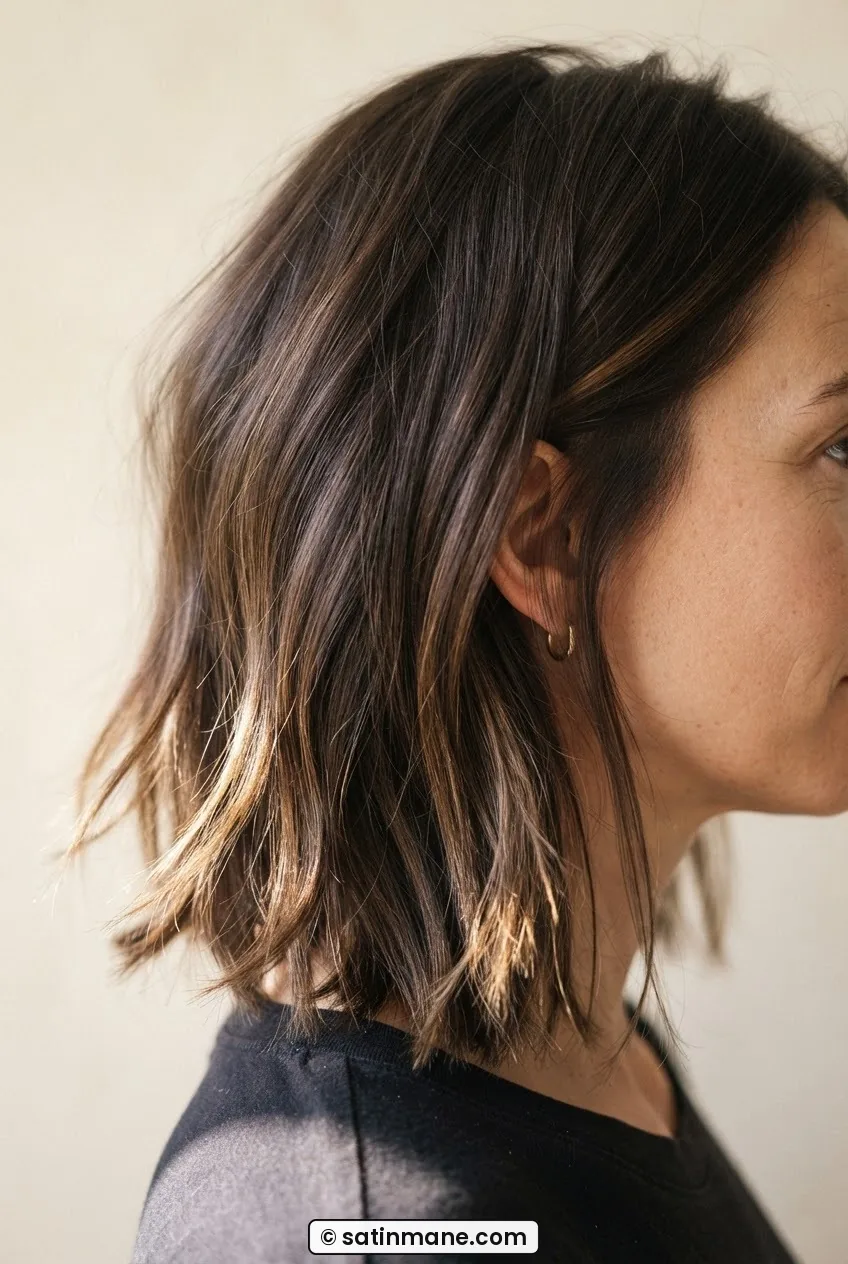 Finished textured lob at collarbone length showing natural strand separation and soft movement in ends