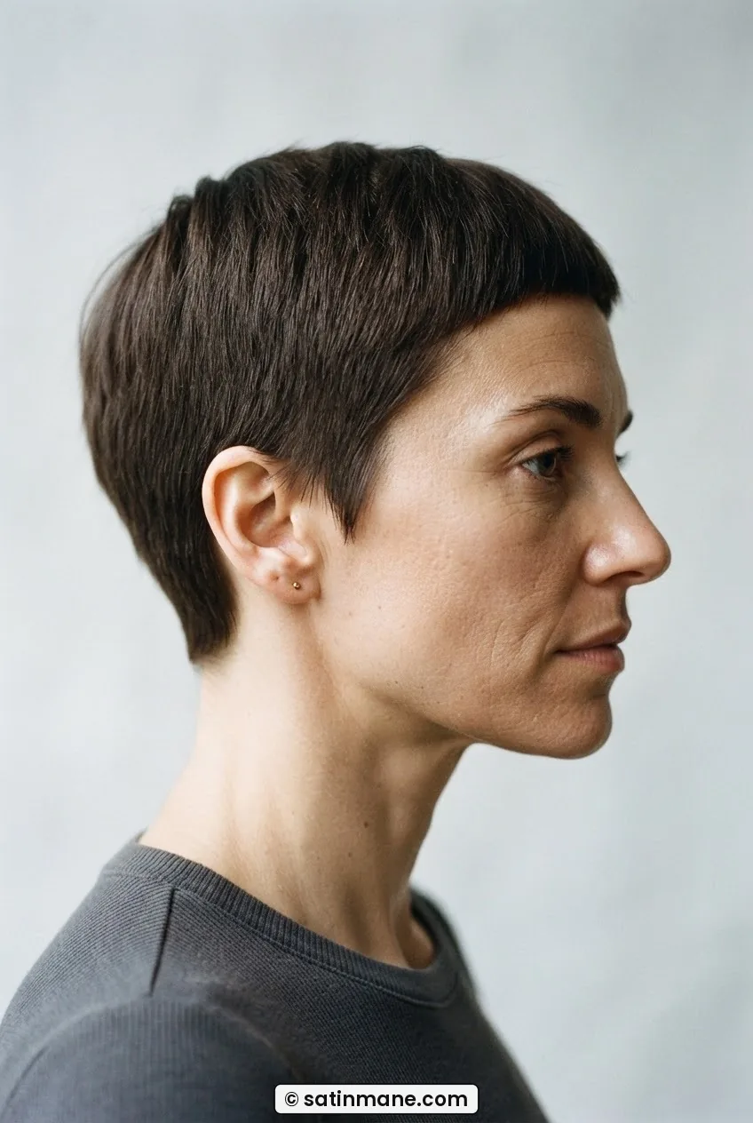 Profile of woman with flat-lying blunt pixie cut, hair close to skull, clean perimeter, studio light