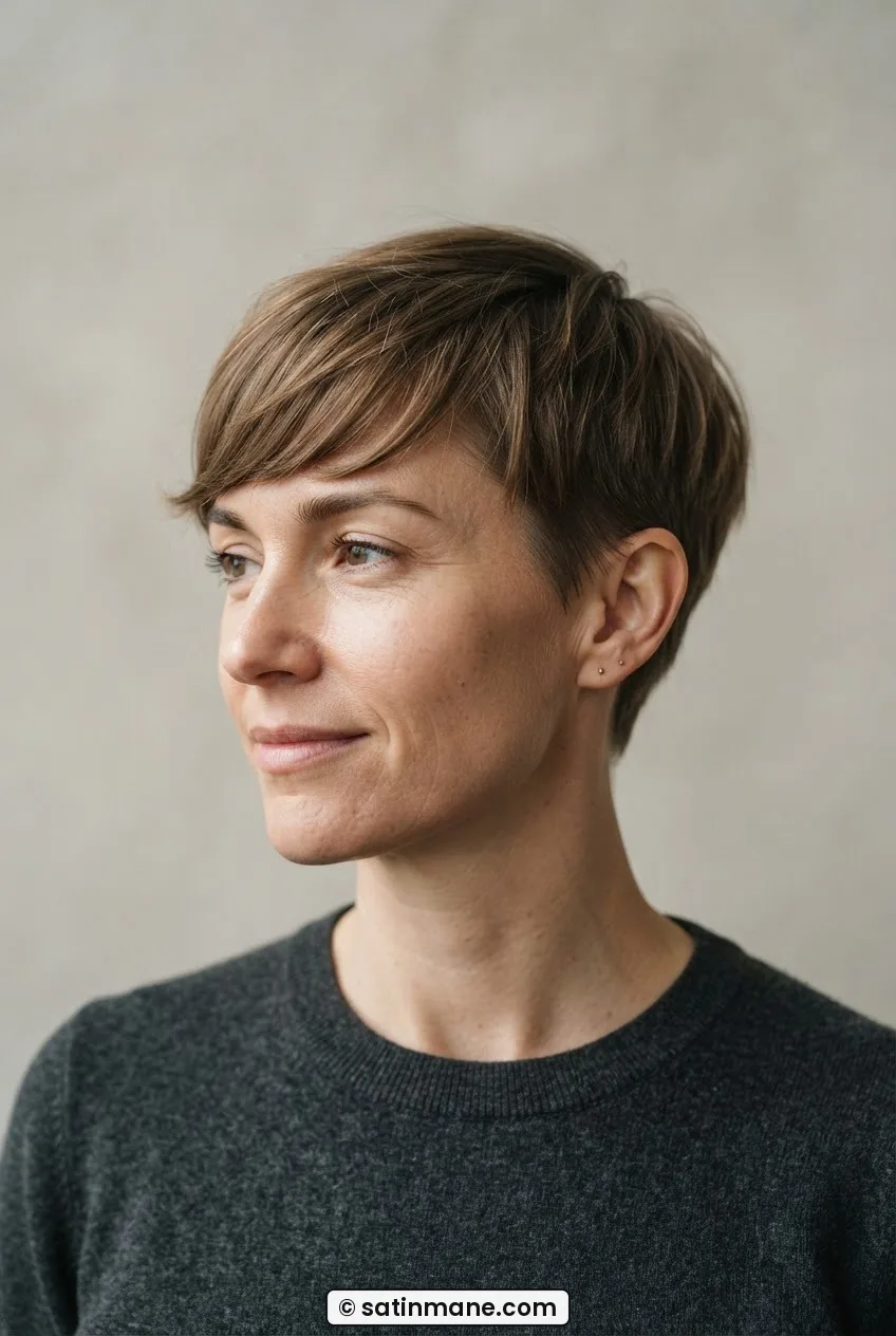 Three-quarter profile of woman with forward-swept pixie fringe curving gently toward her brow line