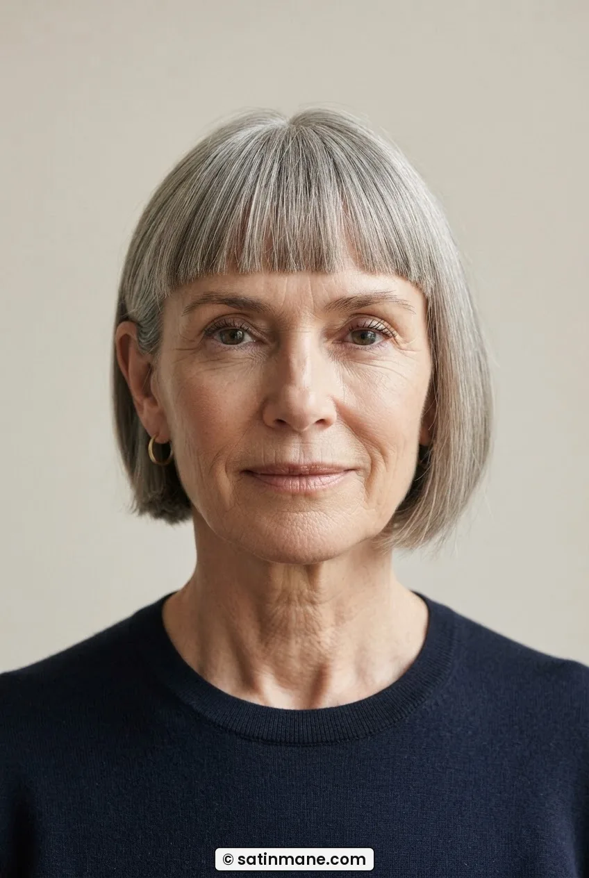 Woman with fine straight hair in a French bob with blunt brow-length fringe and cheekbone-to-jaw perimeter
