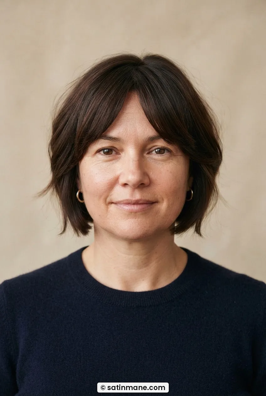 Woman with round face wearing a French bob with softened corners and long curtain fringe sweeping across forehead