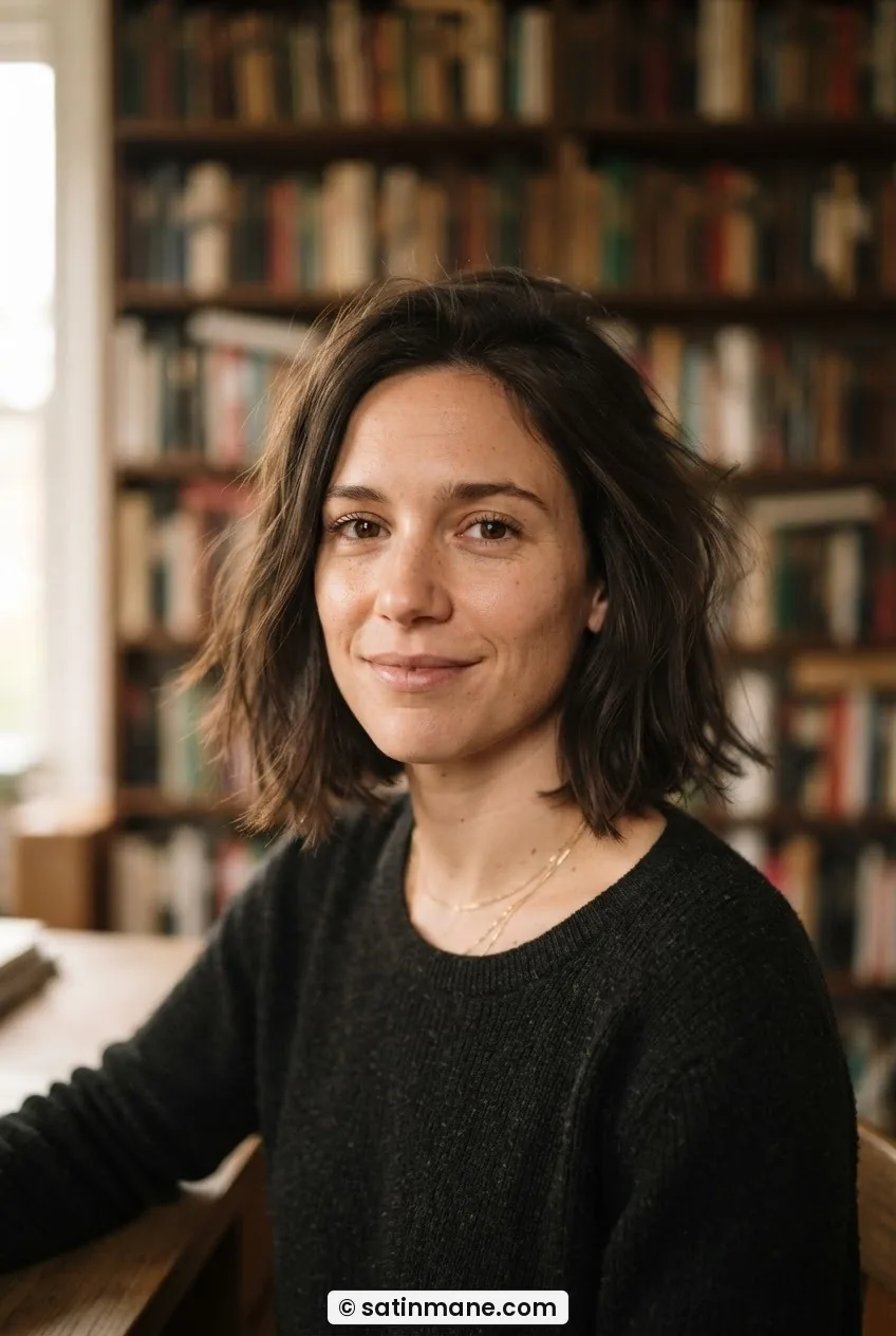 Woman with a French bob at month two, blunt ends beginning to soften, chin-length cut in warm afternoon bookshelf light