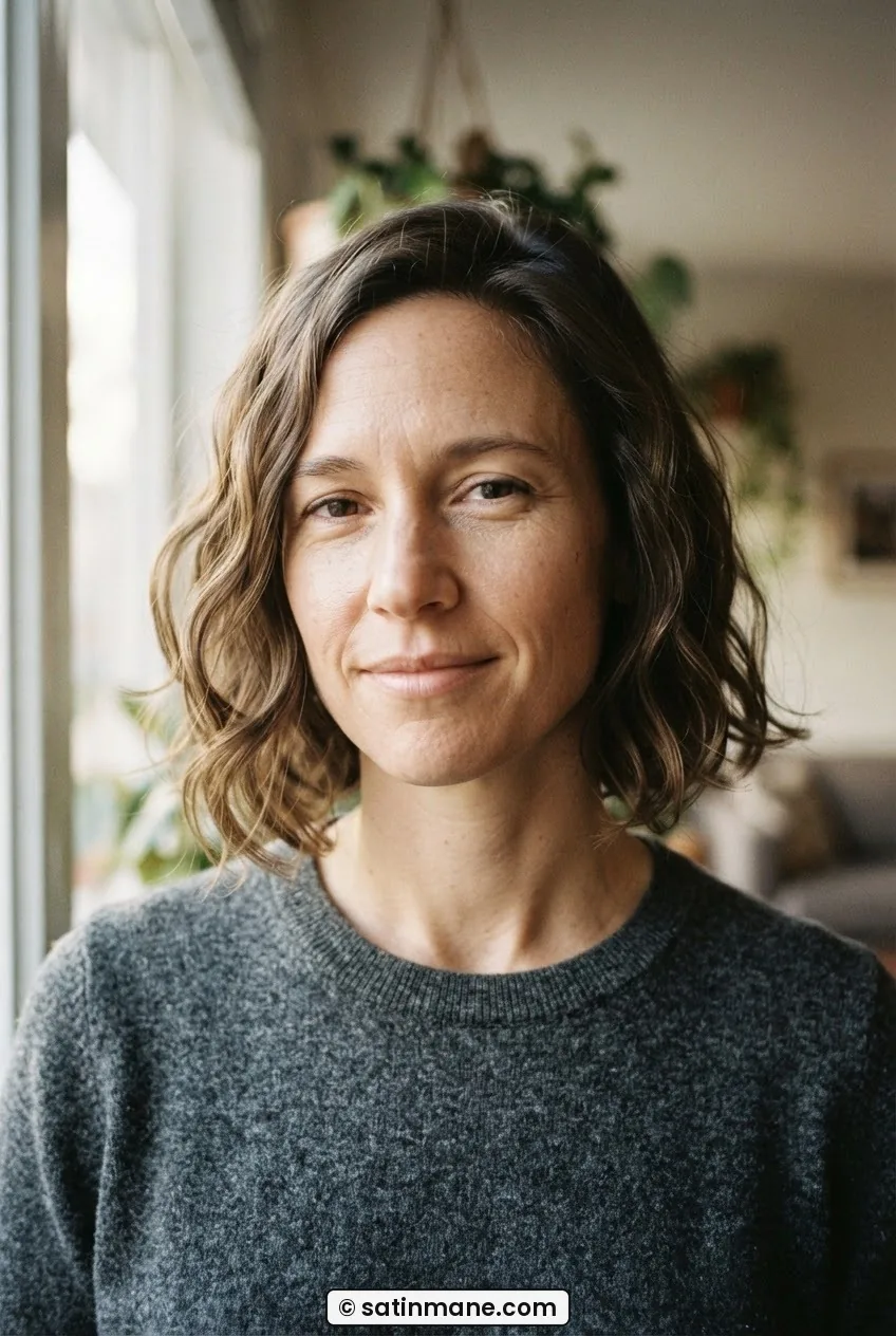 Woman with freshly shaped jaw-length wavy bob standing in afternoon window light smiling softly