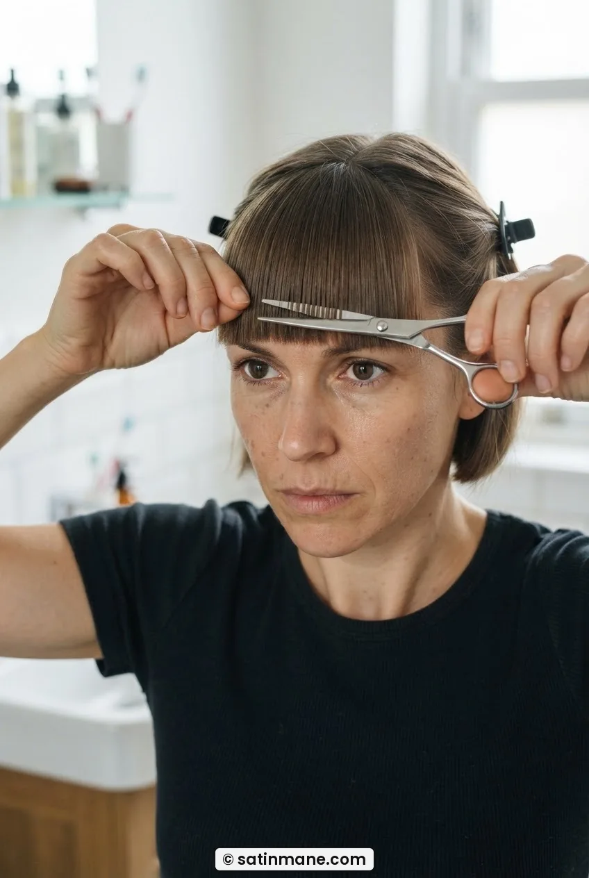 Front view of woman trimming soft curtain fringe with horizontal scissors at brow level