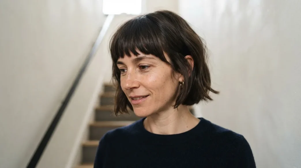 Woman with chin-length fringed bob standing on staircase, front fringe pieces visible as shorter face-framing sections in soft overhead light