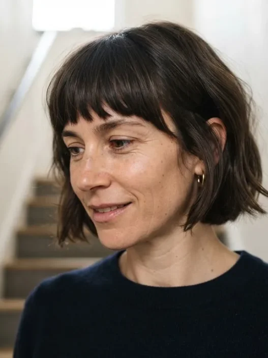Woman with chin-length fringed bob standing on staircase, front fringe pieces visible as shorter face-framing sections in soft overhead light
