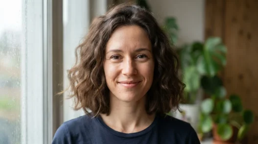 Woman with wavy frizzy hair in a blunt collarbone bob, soft window light on a humid day