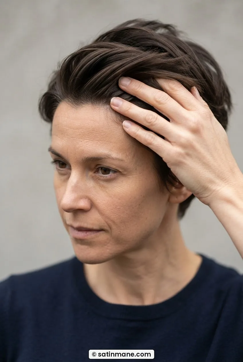 Three fingertips of a woman's hand scooping the front hairline of a long pixie upward and backward, lifting the front pieces