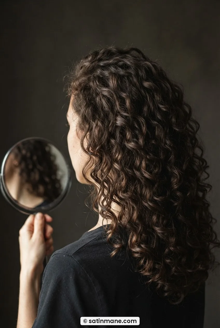 Three-quarter rear view of long curly hair with all sections released, woman holding a handheld mirror to view the back