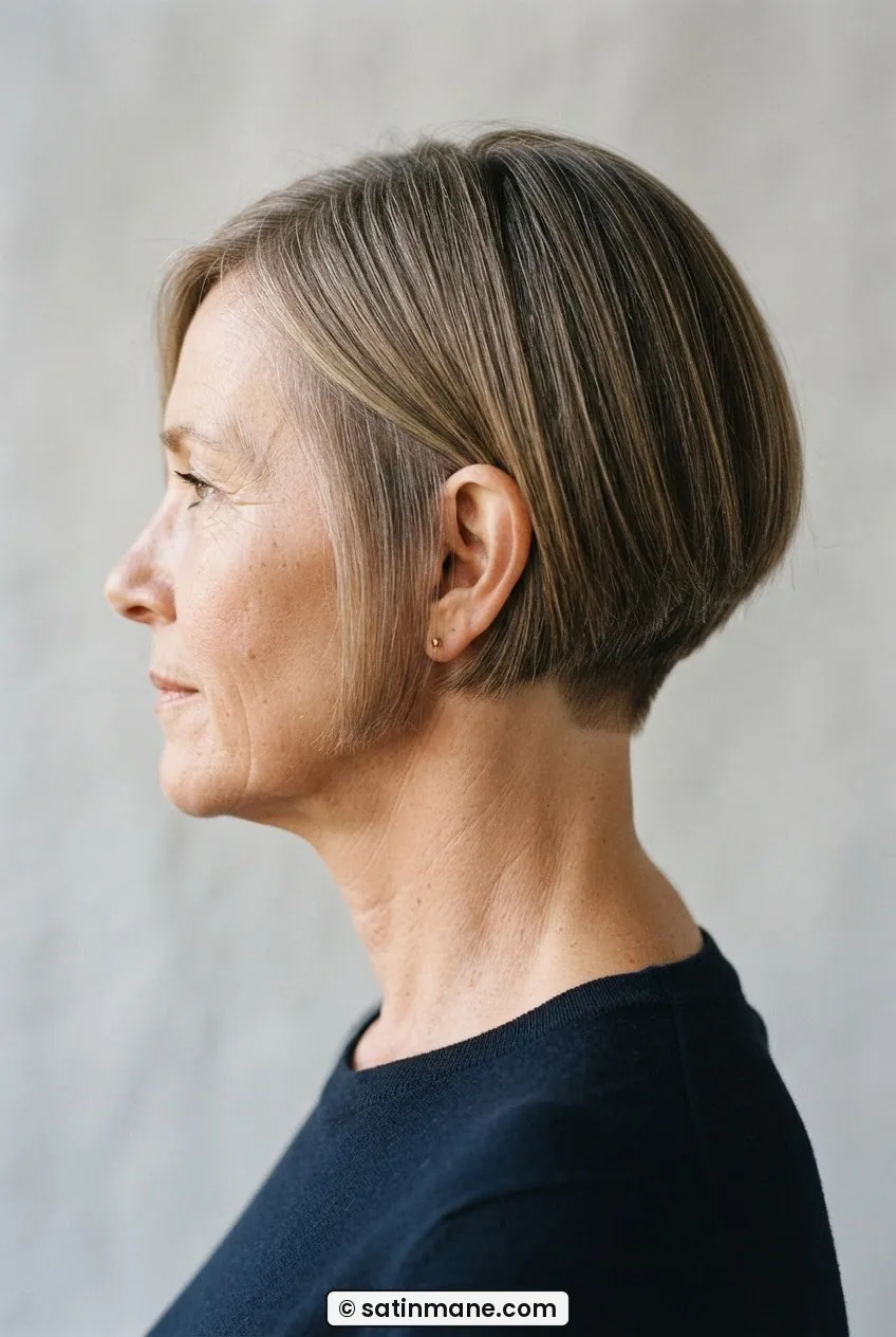 Woman with fine straight hair in a short graduated bob with jaw-length weight line and close-cut nape