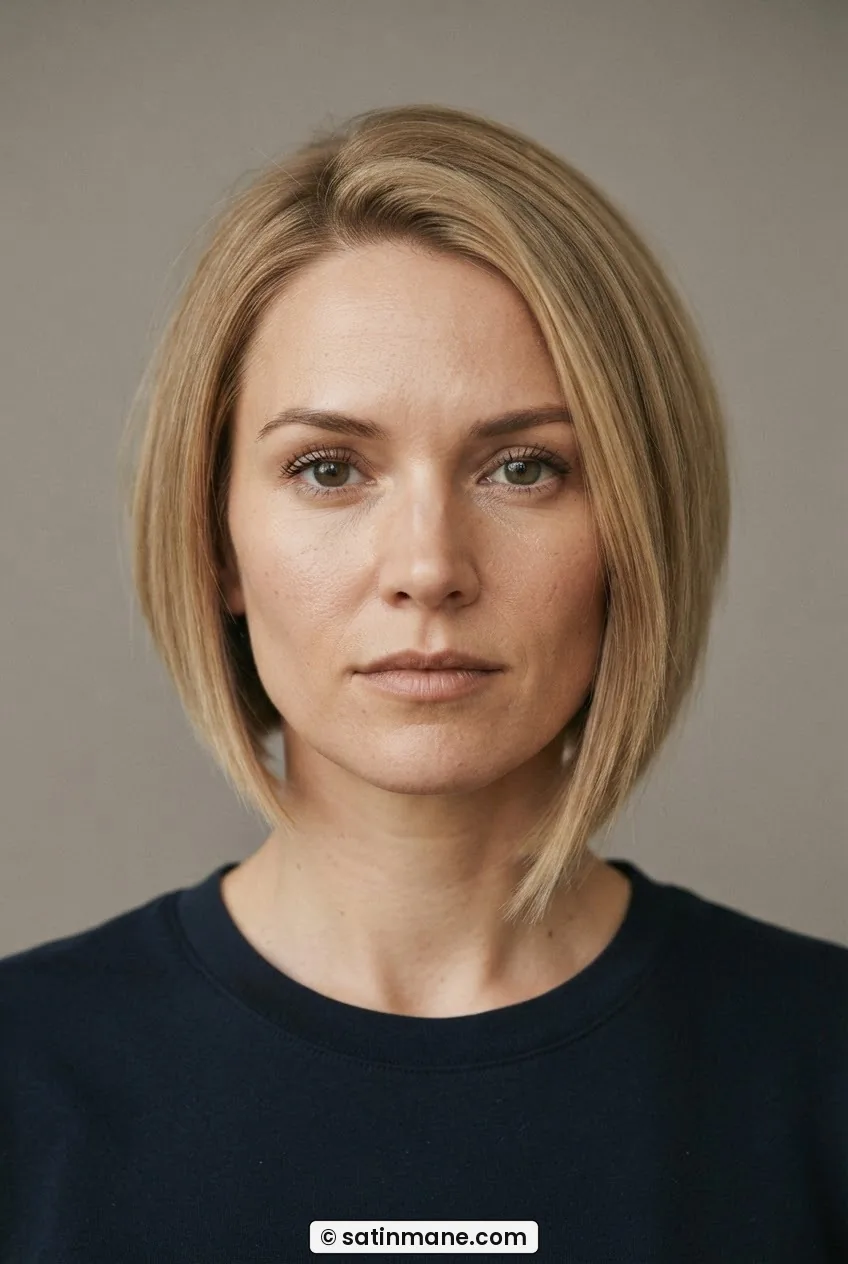 Front-facing woman with a graduated jaw-length bob showing the diagonal cut from short nape to jaw-length front