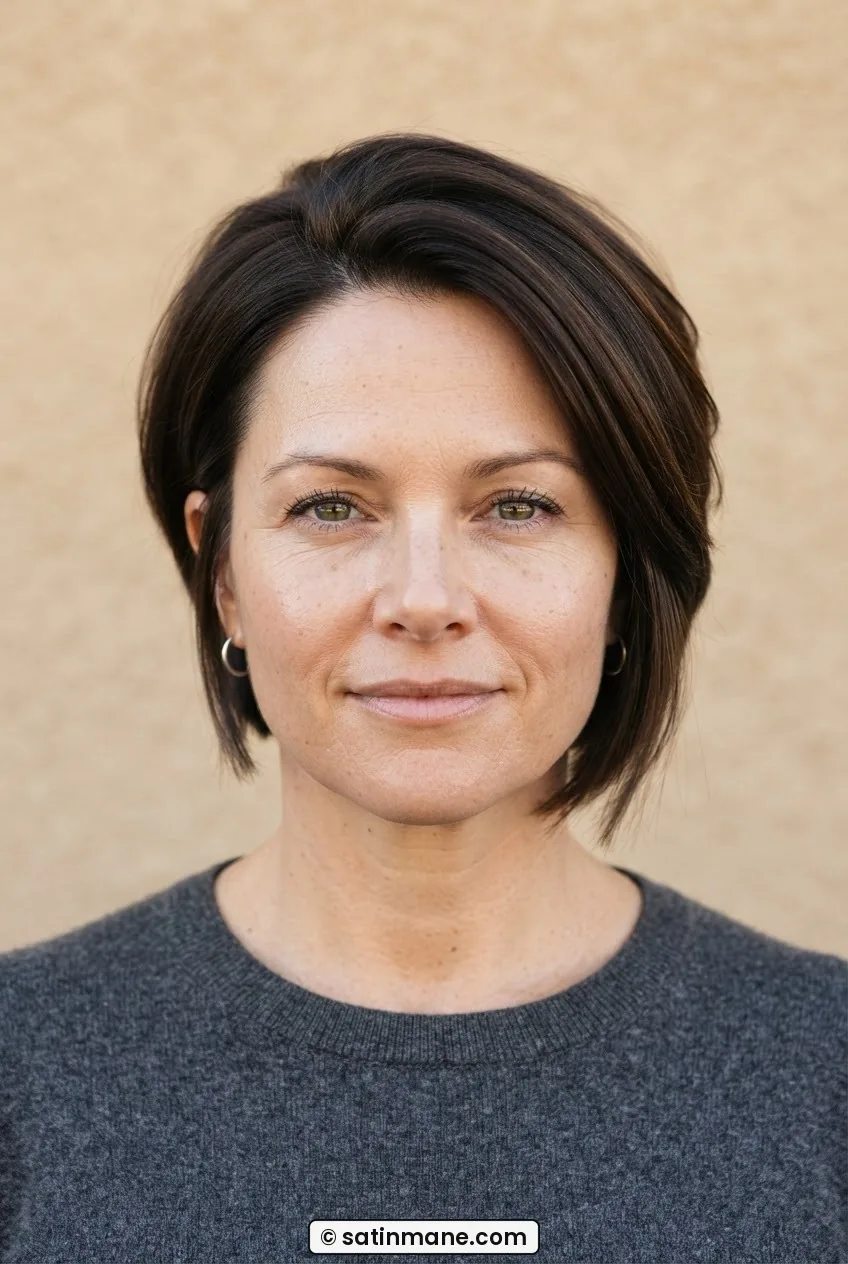 Woman with round face in a graduated stacked bob with shorter nape and longer front pieces framing the jaw