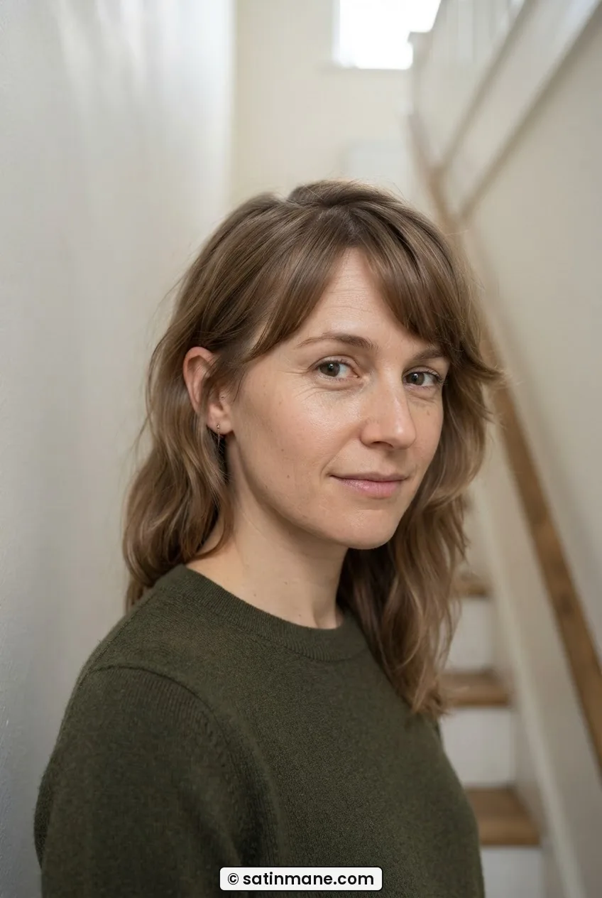 Woman with month-four growing-out fringe tucked behind one ear in a deep side part, plain stairwell wall behind her