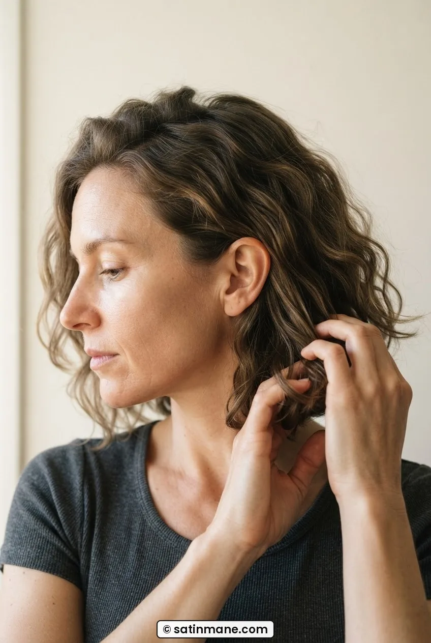 Side view of woman with grown-out collarbone-length bob showing natural wave pattern in warm light