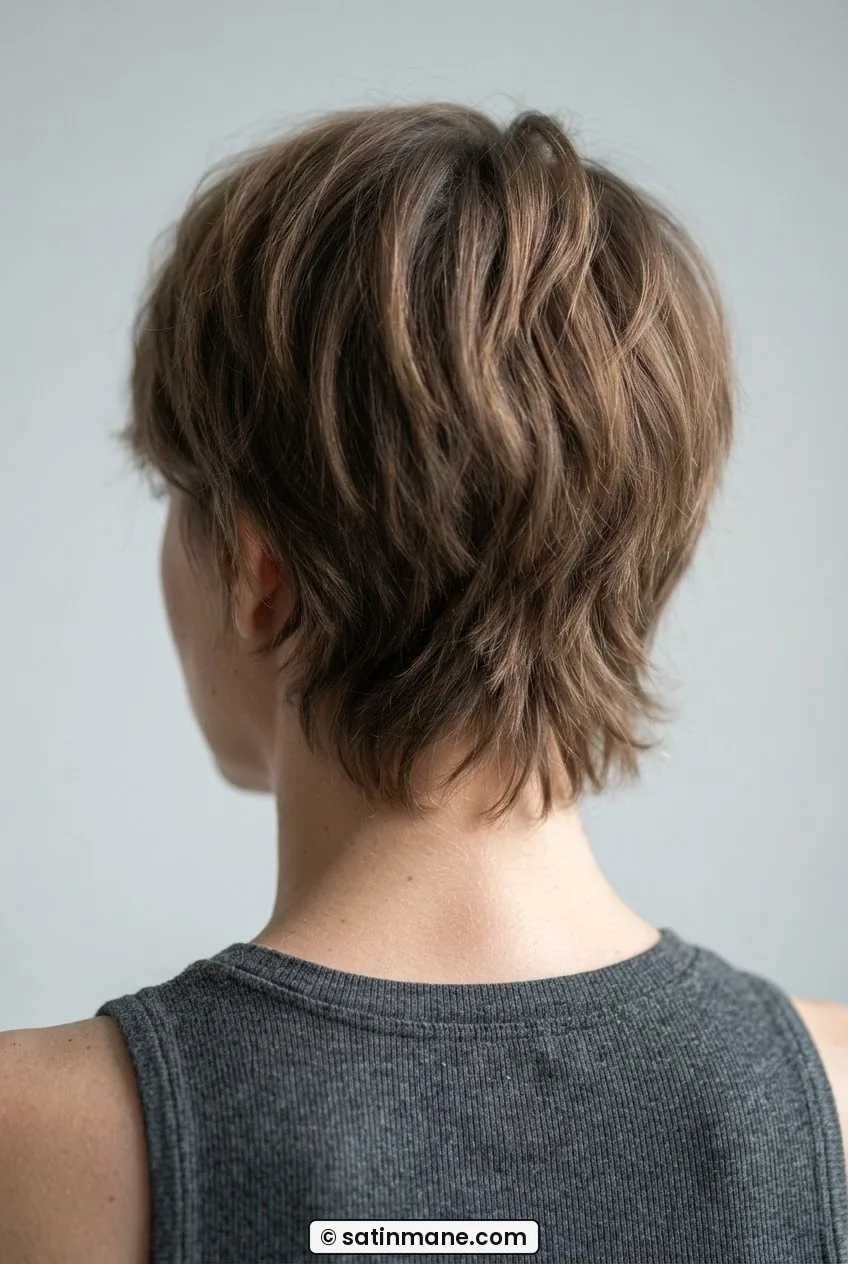 Back view of woman with grown-out pixie, soft shaggy nape and relaxed crown, diffused studio light
