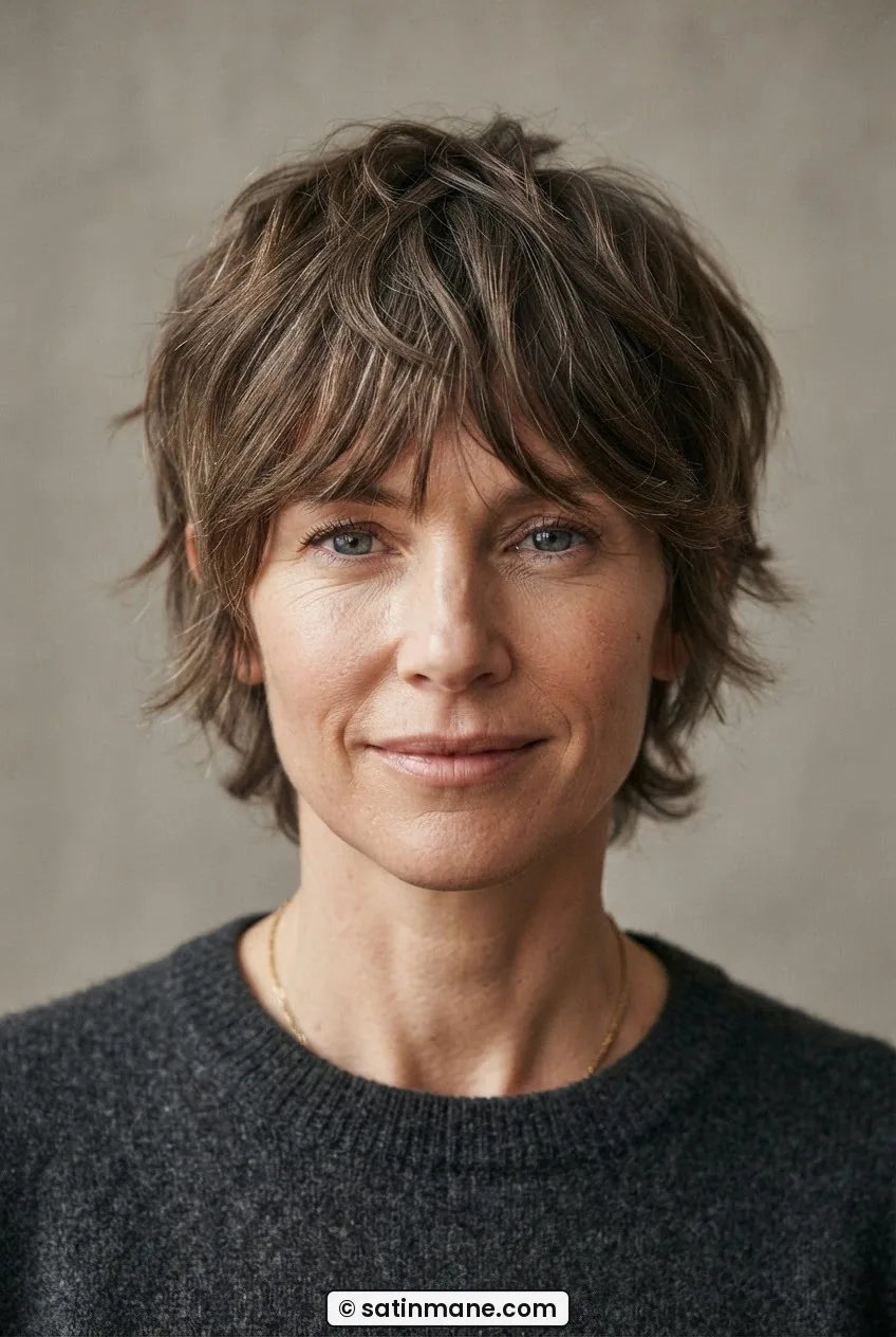 Woman with grown-out shag pixie showing point-cut layers and tousled crown texture in editorial daylight