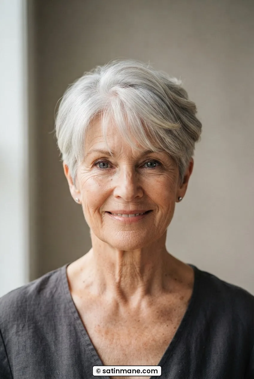 62-year-old woman with grown-out silver pixie at transitional length, longer on top than sides, soft editorial daylight