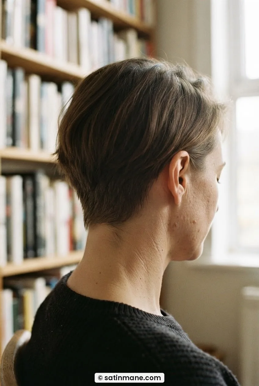 Woman with a grown-out undercut at month eight, under layer blending into longer top, warm side light in a study setting