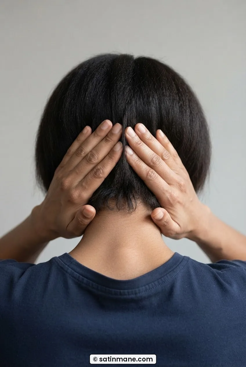 Two hands pressed flat at the nape of a woman with a long pixie cut, fingertips pushing upward along the skull to create lift
