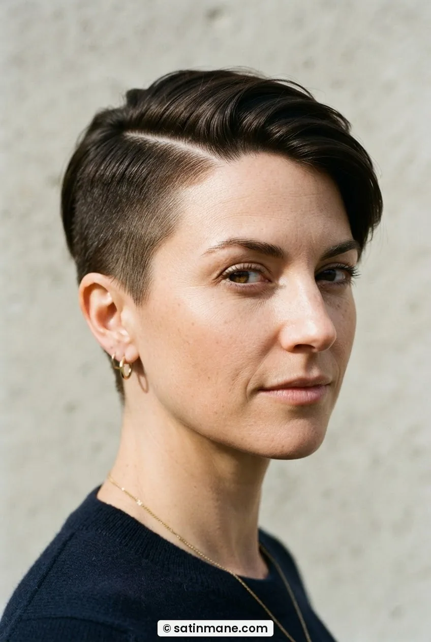 Front three-quarter view of woman with hard side-part pixie, longer section swept over shaved part