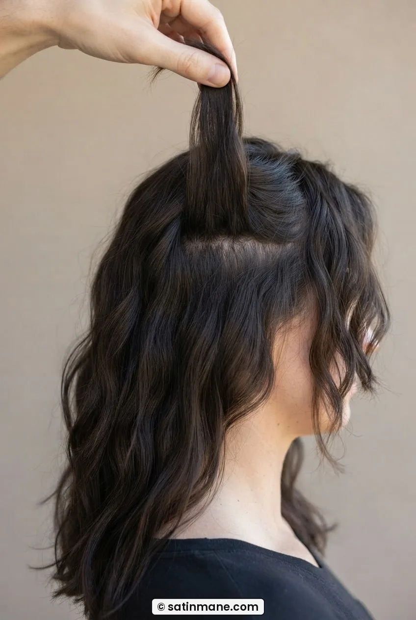 Fingers lifting a short interior butterfly cut layer straight up on dark wavy hair to reveal the contrast in length against the surrounding sections