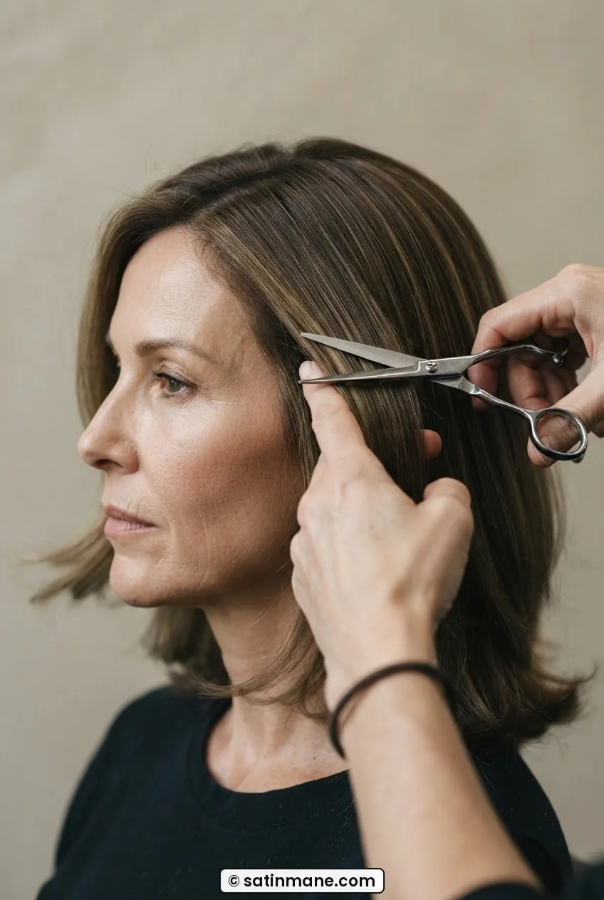 Stylist lifting interior mid-length hair section and cutting at 45 degrees with smooth scissors well clear of the face