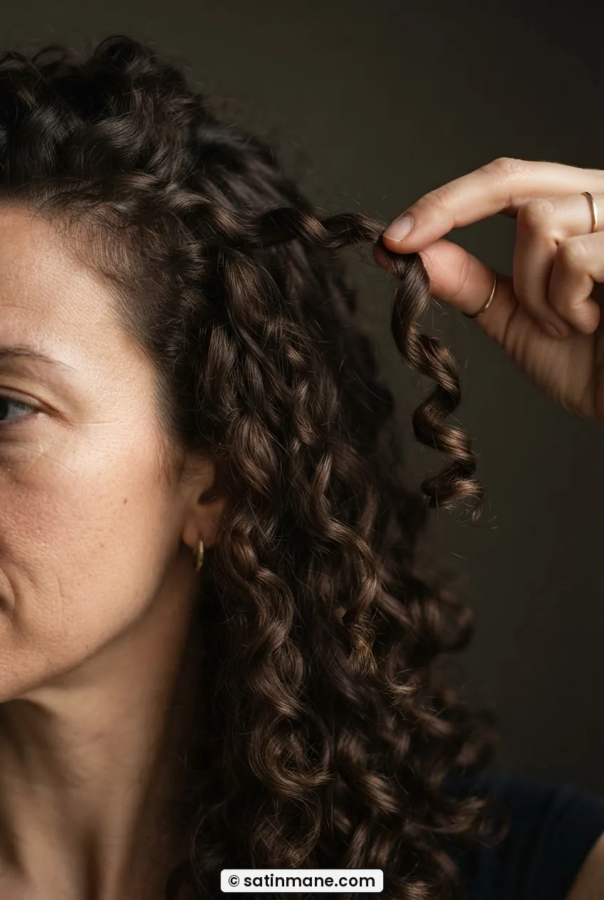 One isolated long curl clump held at its natural diagonal fall angle away from neighboring curls, gap between clumps visible