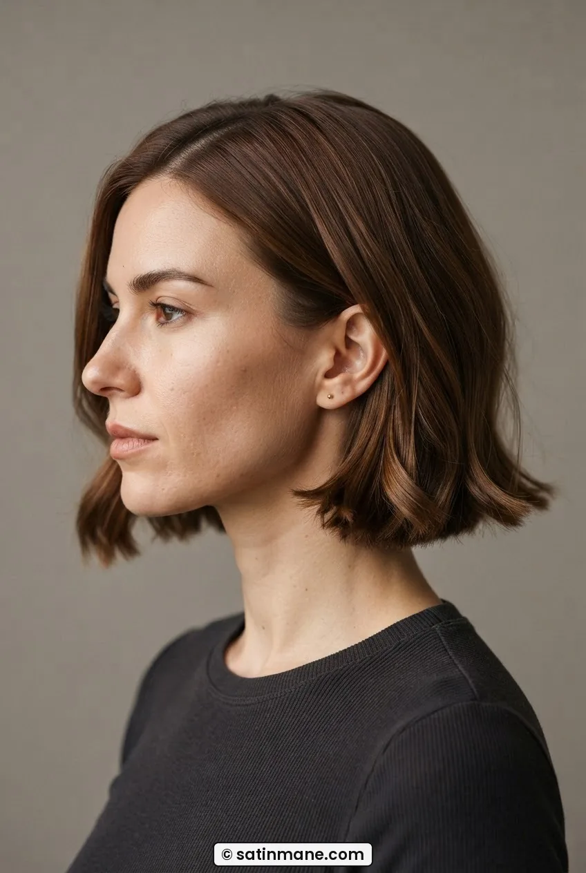 Three-quarter side view of a woman with an Italian bob at the jaw with subtle internal movement at the ends